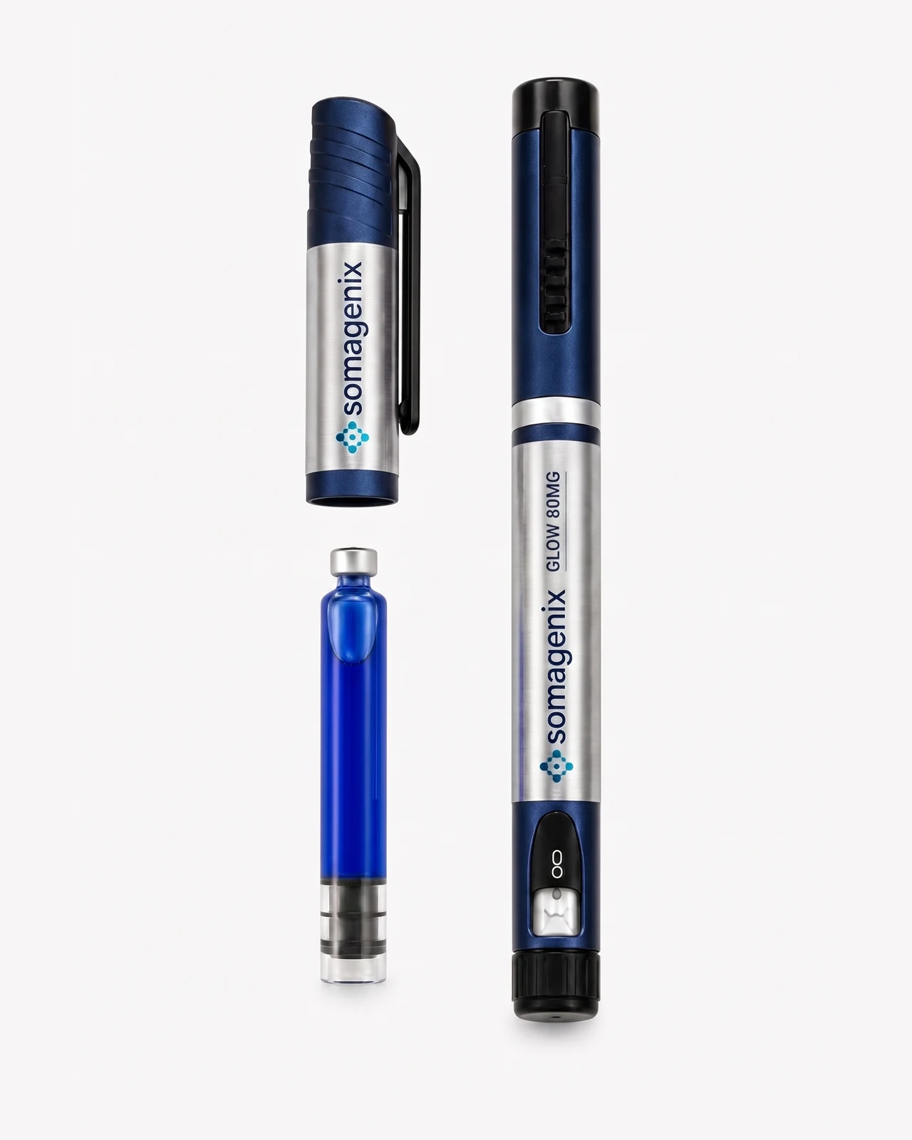 SomaGenix GLOW 80mg silver-label pen and blue cartridge packshot