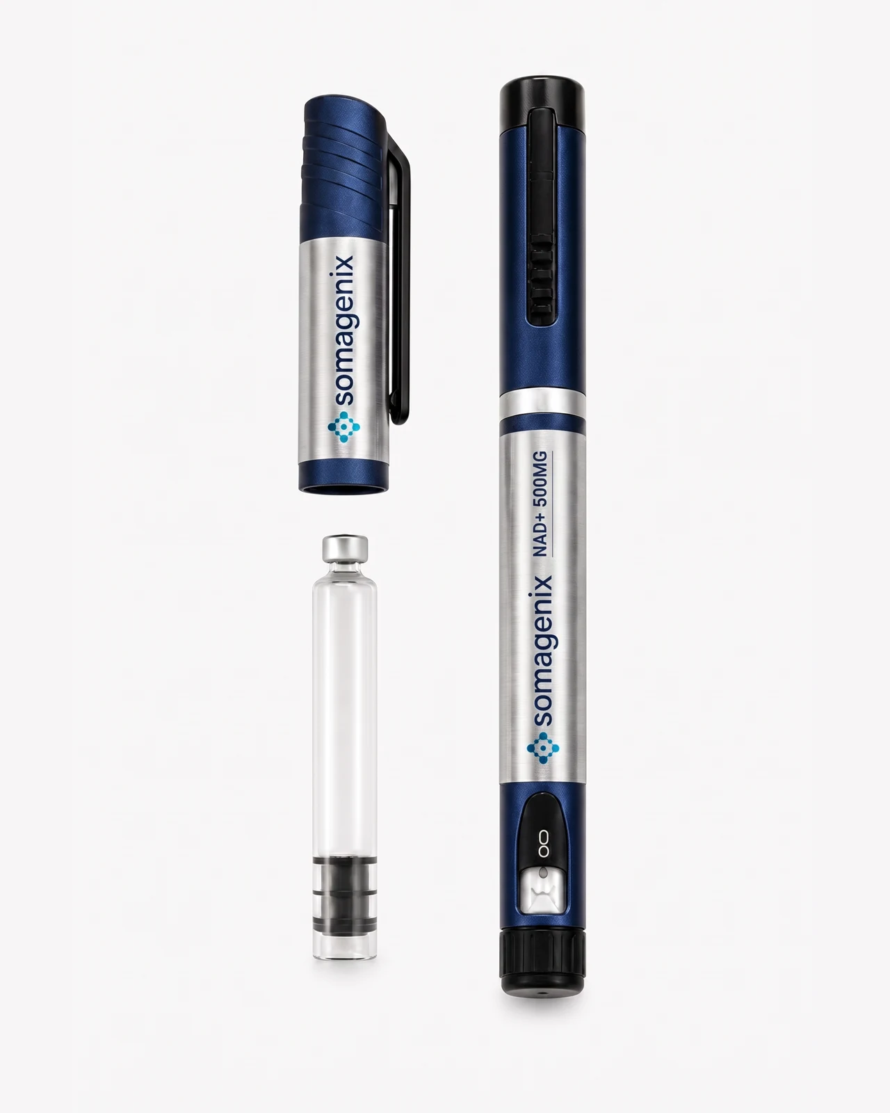 SomaGenix NAD+ 500mg silver-label pen and cartridge packshot