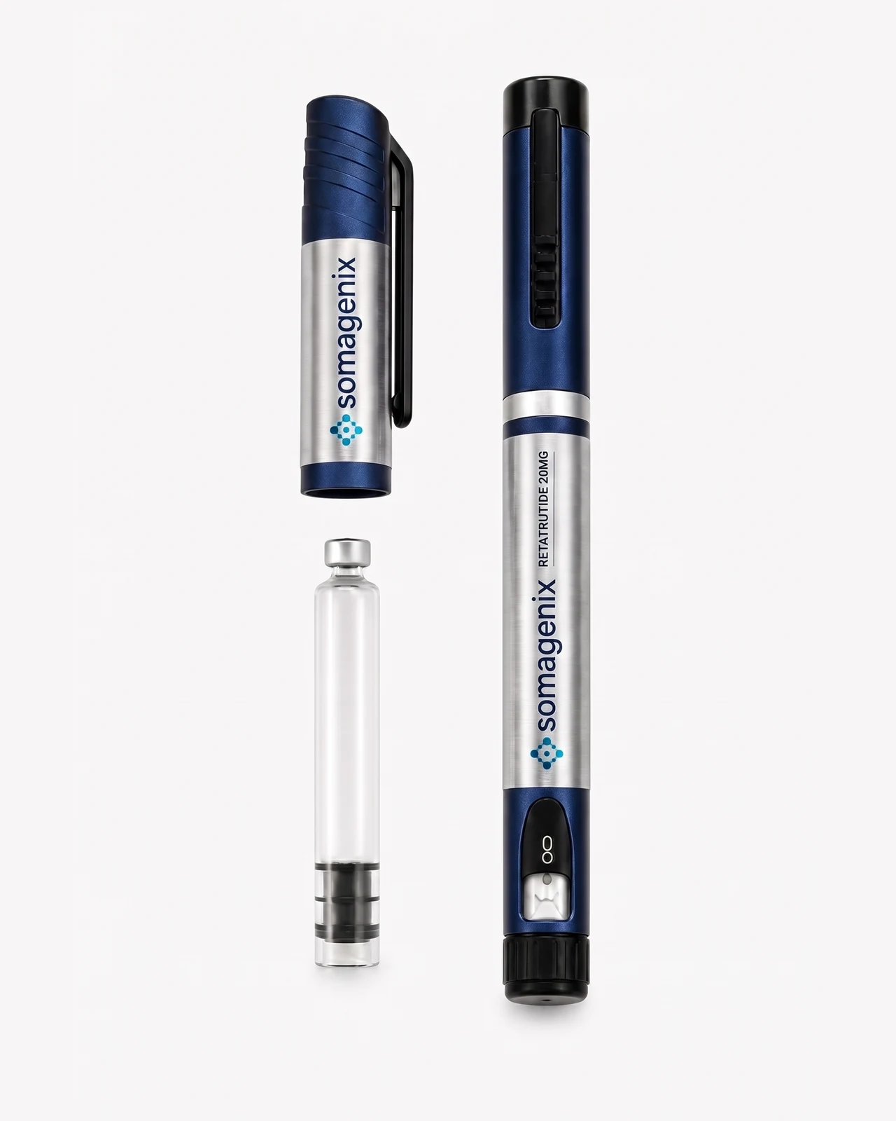 SomaGenix Retatrutide 20mg silver-label pen and cartridge packshot