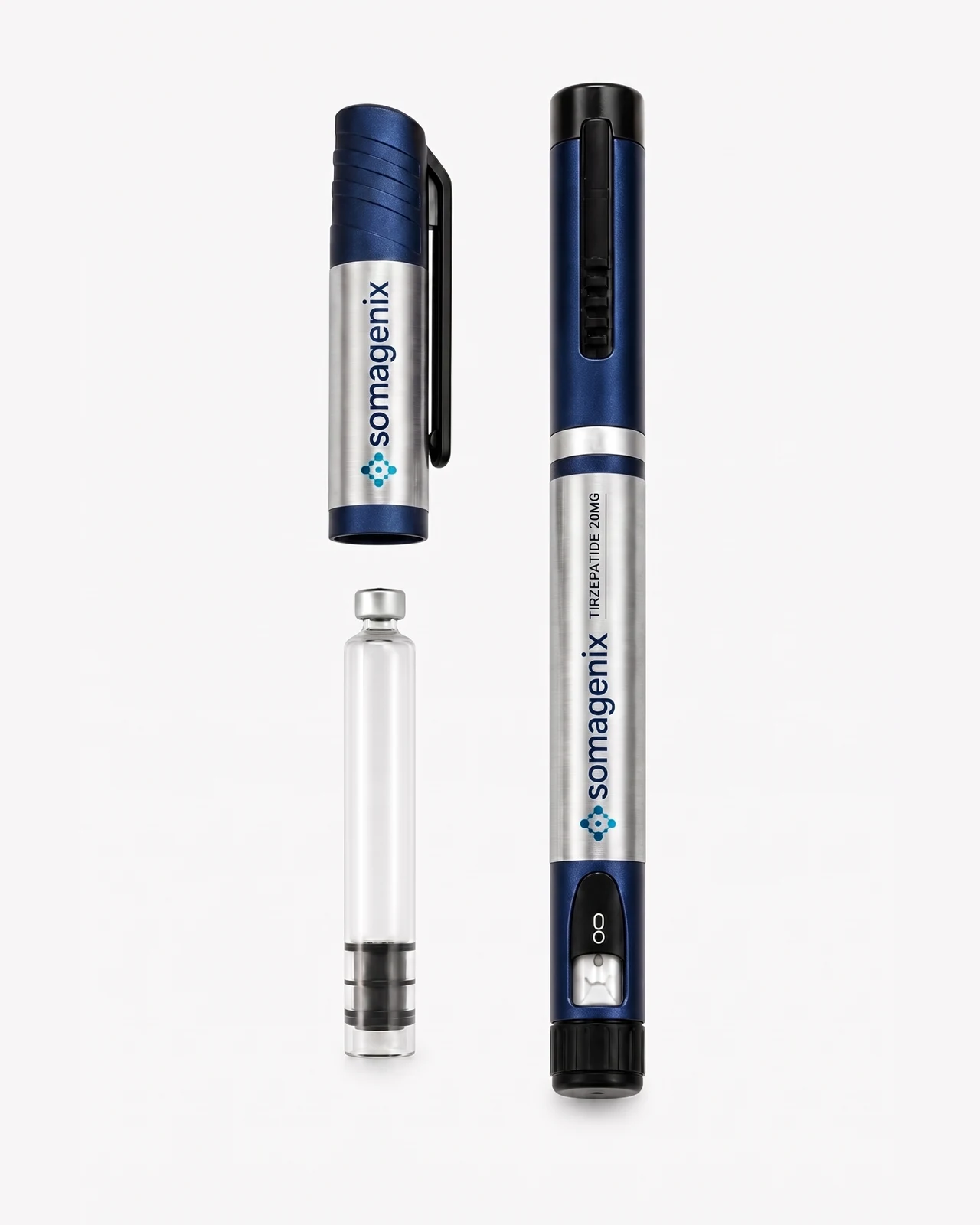 SomaGenix Tirzepatide 20mg silver-label pen and cartridge packshot