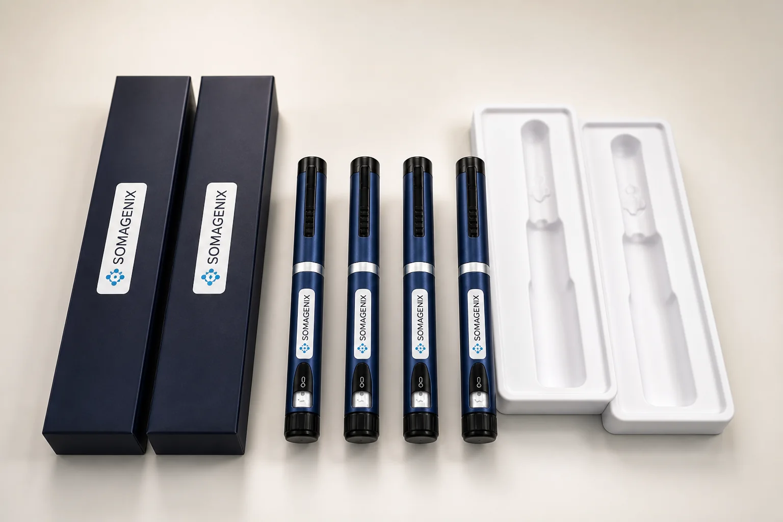 SomaGenix blue pen systems arranged with presentation box and trays